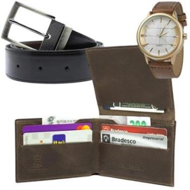 Imagem de Carteira Masculina Porta Cartão Cnh De Couro + Cinto Masculino Fivela Ajustável + Relógio Masculino-Masculino