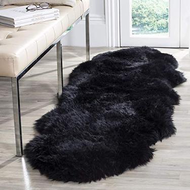 Imagem de HUAHOO Tapete de pele de carneiro genuíno premium preto real Austrália pele de carneiro natural luxuosa pele de cordeiro fofa, capa de assento para crianças, quarto, sofá, cadeira, animais de estimação, tapete de cachorro, pelagem dupla/6 x 15 cm, preto