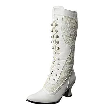 Imagem de Aniywn Botas de cano médio femininas bico fino com cadarço no tornozelo, botas vitorianas, salto de renda, bota ocidental, Branco, 40