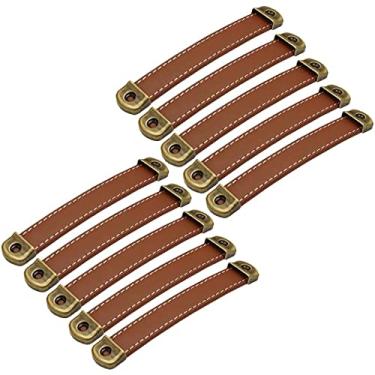 Imagem de 10 peças de couro PU + maçaneta de porta de liga de zinco, puxador de gaveta de mala puxador de armário de couro feito à mão puxadores de porta simples ferragens de móveis (marrom claro distância do