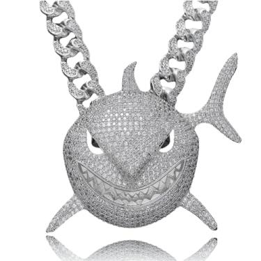 Imagem de ICEDIAMOND Colar de pingente de tubarão grande diamante CZ de luxo, super bling completo 5a zircão com corrente de elo cubano, joias de hip hop banhadas a ouro para homens e mulheres (White,20''Cuban)