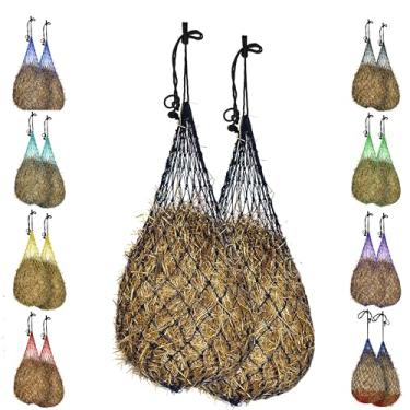 Imagem de Majestic Ally 2 peças de rede de feno de 142 cm para cavalos, furos macios fortes de 7,6 x 7,6 cm, corda de nylon, alimentador de viagem ajustável para reboque e parede, simula o desgaste, reduz o desperdício (preto)