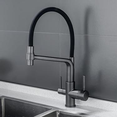 Imagem de Torneira de cozinha de 3 vias com mangueira de silicone preta, torneiras misturadoras de cozinha com spray removível, torneiras para beber de cozinha, misturador de pia, alça dupla, torneira