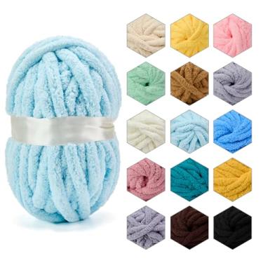 Imagem de ERLYEEN Fio grosso de chenille, super volumoso, macio, fofo, gigante, lavável, poliéster, faça você mesmo, para manta de malha de braço, almofada, sofá, decoração de casa, azul claro, 2 kg