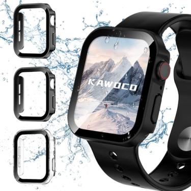 Imagem de Kawoco Pacote com 3 capas impermeáveis para Apple Watch Series 6 5 4 SE 40 mm, capa rígida de policarbonato de borda reta com protetor de tela de vidro temperado, capa protetora para iWatch 40 mm