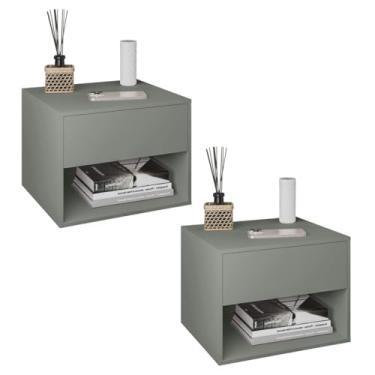 Imagem de Kit com 02 Mesas de Cabeceira Suspensa com 1 Gaveta e Nicho Moderna Fixa na Parede - LH Móveis (Cinza)