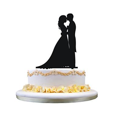 Imagem de zhongfei Topper de bolo de casamento - Topo de bolo de noiva e noivo, silhueta de noivo beijando noiva, decoração de bolo, perfeito para festa de aniversário de casamento e noivado