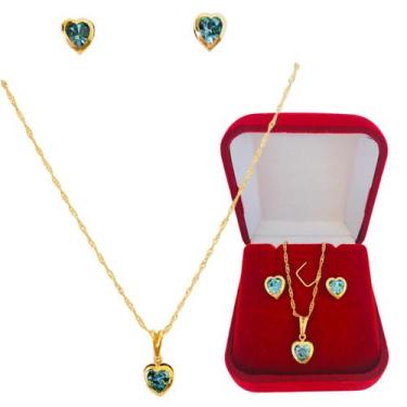Imagem de Kit Conjunto Colar e Brinco Coração Ponto de Luz Zircônia Azul Folhead