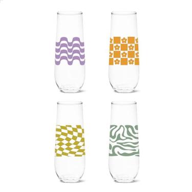 Imagem de TOSSWARE RESERVE 255 g Flauta Retrô Série de Arte Retrô, Conjunto de 4, Qualidade Premium, Seguro para Lava-Louças Tritan e Resistente ao Calor, Inquebrável Plástico Impresso Óculos