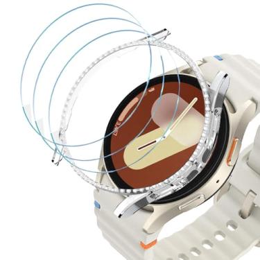Imagem de DEALELE [Pacote com 1+3] Capa e protetor de tela compatíveis com Samsung Galaxy Watch 7 de 40 mm, capa protetora de PC Bling Diamond com película protetora de tela de vidro temperado ultrafina 9H