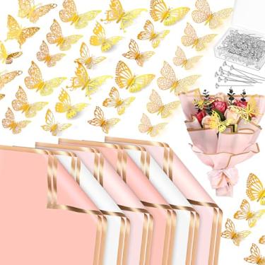 Imagem de Yeaqee 70 folhas de papel de embrulho de flores a granel à prova d'água com borda dourada buquê de fita de alfinete decoração de borboleta para aniversário, dia dos namorados, buquês (cor fofa)
