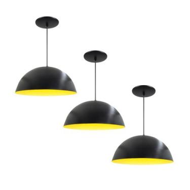 Imagem de Kit 3 Luminária Pendente Meia Lua 34cm Com Interior Amarelo Com Fiação
