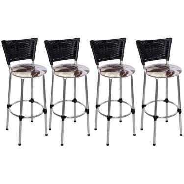 Imagem de Kit 4 Banquetas Altas Cromada com Encosto Junco Preto Assento Floral Marrom