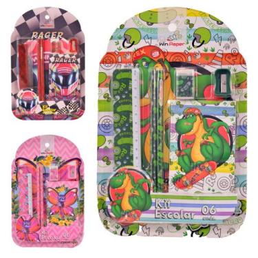 Imagem de Kit escolar com 2 lapis grafite redondo + apontador + borracha + regua