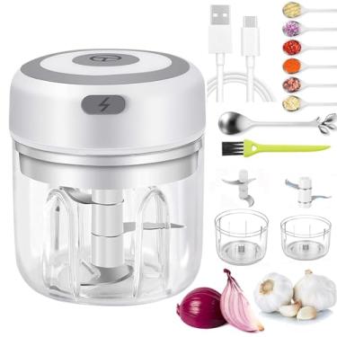 Imagem de Mini cortador de alho elétrico e processador de alimentos com colher e pincel – 2 xícaras de liquidificador de legumes portátil sem fio, picador de cebola com carregamento USB para comida de bebê