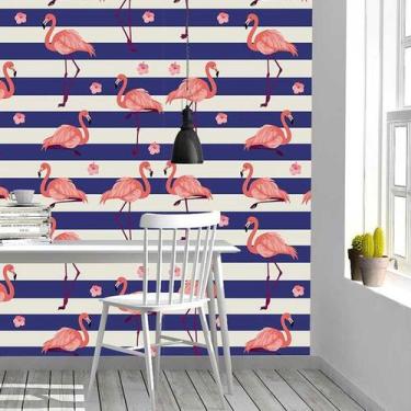 Imagem de Papel De Parede  Tropical Flamingos Com Listras Em Azul E Flores - PAP