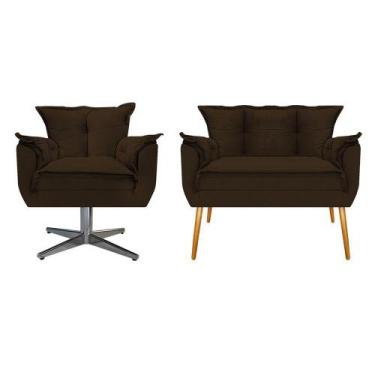 Imagem de Kit Namoradeira e Poltrona Opala Base Giratória de Metal Suede Marrom 