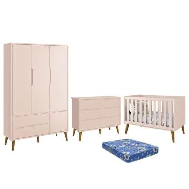 Imagem de Dormitório Theo 3 Portas, Cômoda 6 Gavetas, Berço Rosa Fosco Com Pés Amadeirado E Colchão Reller Móveis Rosa Fosco