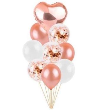 Imagem de Kit 9 PÇ Buque Balões Bexiga/Balão Metalizado Coração Dourado Rose Gol