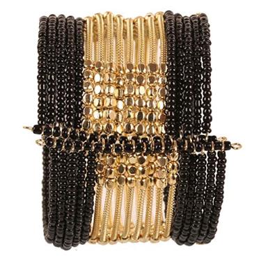 Imagem de Touchstone Pulseira indiana de contas coloridas de Bollywood com contas de metal batidas, pulseira larga aberta em tom dourado ou branco para mulheres., [ADJUSTABLE], Contas de liga e vidro, Sem Pedra