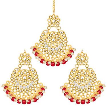 Imagem de Brincos pendentes tradicionais de designer indiano Aheli com conjunto Maang tikka étnico para festa de casamento bijuteria moderna para mulheres