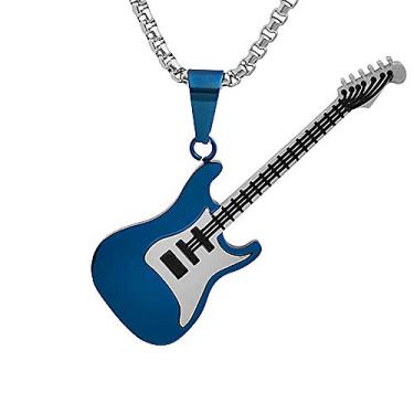 Imagem de Magna Steel Colar masculino com pingente de guitarra elétrica rock de aço inoxidável com corrente de 61 cm e 3 mm, Aço inoxidável, n/a
