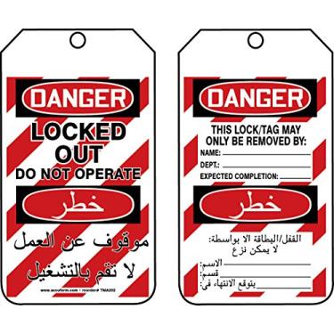 Imagem de Accuform Etiqueta de segurança multilíngue TMA202PTM RP-Plástica, legenda "Danger Locked Out Do Not Operate", 14,6 cm de comprimento x 8,3 cm de largura x 0 cm de espessura, vermelho/preto sobre