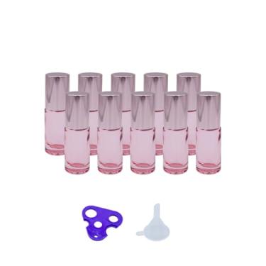 Imagem de Tutuxio 10 frascos de rolo de 5 ml para óleos essenciais, frascos roll-on de vidro rosa, frascos de perfume com esfera de rolo de aço inoxidável, funis e abridor, recipiente pequeno para cosméticos