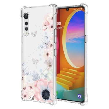Imagem de RRXSYXL Capa de veludo LG, capa LG Velvet 5G com estampa floral transparente, capa macia à prova de choque para LG Velvet, LG Velvet 5G, borboletas de flores rosa, veludo