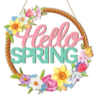 Imagem de Guirlanda de porta de decoração de mola de madeira para placa de porta da frente, sinal de guirlanda de flores vazadas, Olá, primavera, bem-vindo, pendurar para decoração de parede de casa, decoração