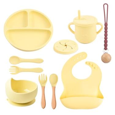 Imagem de Conjunto de silicone para alimentação de bebê, 14 peças, suprimentos de desmame para bebês, colheres de bebê, tigela de sucção dividida, babador (amarelo)
