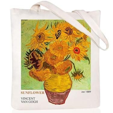 Imagem de Andeiltech Sacola de Lona Estética Bonita Vintage Sacolas Livro Bolsa de Ombro Reutilizáveis Sacos de Mercearia para Mulheres, Van Gogh_girassol, L35cm x A38cm H15.7cm