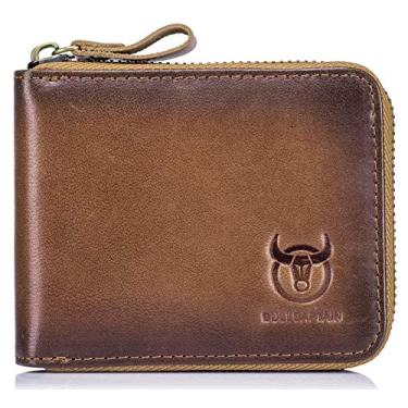 Imagem de Carteira masculina de couro legítimo com zíper e bloqueio de RFID, duas dobras, com zíper em torno de carteiras para vários cartões de crédito, Handmad brown, Small