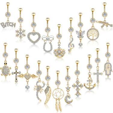 Imagem de Junkin 20 peças 14G pingente de umbigo anel de umbigo de aço cirúrgico 316L, piercing de umbigo de zircônia cúbica joia feminina piercing corporal halteres, Aço cirúrgico 316L, zircônia cúbica, Sem
