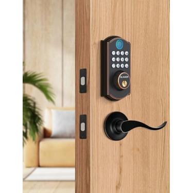 Imagem de ELAMOR Fechadura de porta de impressão digital M19 com 2 maçanetas, fechadura de porta de entrada sem chave, bloqueio automático, fácil de instalar, fechadura de teclado eletrônico com código,