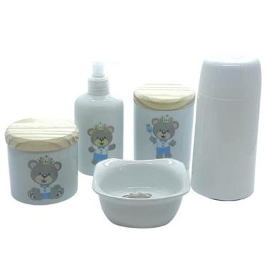 Imagem de Kit higiene bebê Príncipe Ursinho 5 Pçs - Potes, porta álcool e molhad