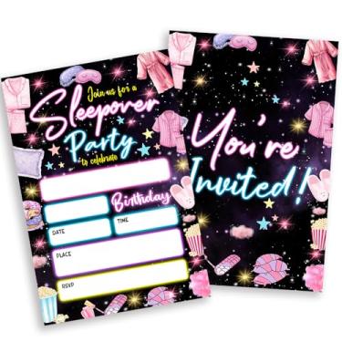 Imagem de Sahjzk Convites de festa do pijama, 20 convites de aniversário de festa do pijama com tema neon de preenchimento dupla face com envelopes para meninas, cartões de convite de festa (10 × 15 cm) - B03