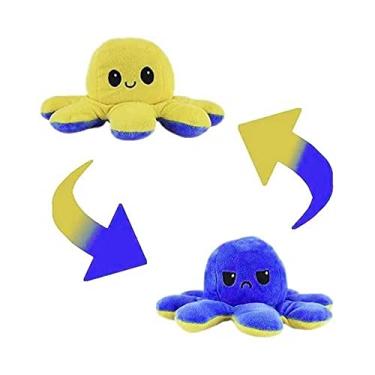 Imagem de Polvo de Pelúcia Humor Bravo ou Feliz - Amarelo/Azul Escuro