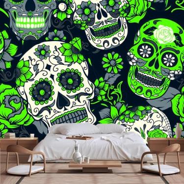 Imagem de Lcythiazole Papel de parede de caveira de tamanho personalizável com fundo preto crânio verde mural de papel de parede floral adequado para sala de estar, quarto, restaurante