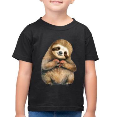 Imagem de Camiseta Algodão Infantil Bicho Preguiça Coração - Foca na Moda, Preto
