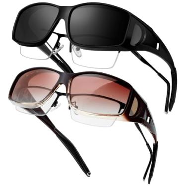 Imagem de KANASTAL Óculos de Sol Polarizado Sobrepor Masculino Feminino Marrom Escuro 2 Pares sobre Oculos Proteção UV Retangular Envolventes Vintage Sunglasses over Glasses -Marrons Gradiente + Preto