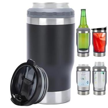Imagem de Caneca Porta Latas e Isolador 4 em 1 para Lata Fina e Padrão de 355ml e Long Neck de Cerveja. Copo Térmico de Aço Inoxidável Isolado a Vácuo e Termocooler (Preto)