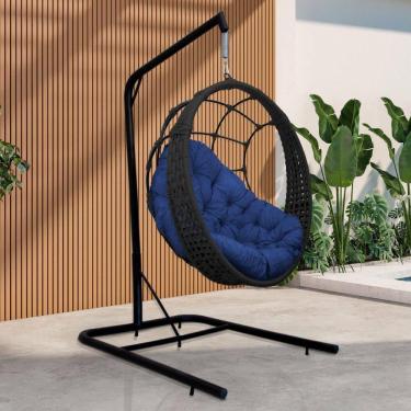 Imagem de Cadeira Balanço Ninho Suspenso Em Corda Náutica Luxo Com Suporte Preto-azul