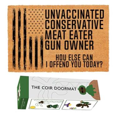 Imagem de Capacho engraçado de coco não vacinado proprietário de arma conservadora ofensiva anti-vacina bandeira americana porta da frente tapete de entrada com decoração de varanda resistente tapetes de pátio
