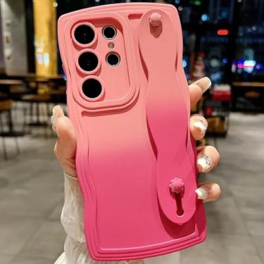 Imagem de HPQWN Para Galaxy S24 Ultra Gradient Wave Wrist Strap Case (Para Galaxy S24 Ultra/Pink Rose)