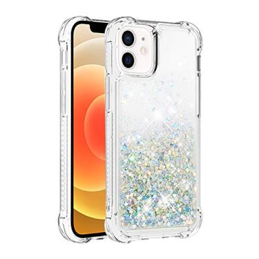 Imagem de Capa de telefone à prova de choque para iPhone 12 com glitter líquido de areia movediça e corações flutuantes, capa de TPU de camada dupla reforçada com 4 cantos, protetor de telefone seguro
