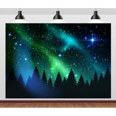 Imagem de CORFOTO Tecido 2,1 x 1,5 m Luzes do Norte Pano de fundo para fotos de pinheiros noruegueses, aurora boreal, estrelas estreladas, luzes polares da Noruega, cenários para decoração de festa de
