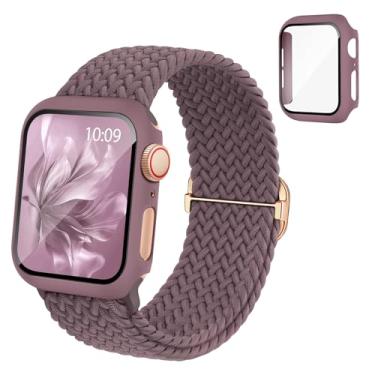 Imagem de Pulseira elástica trançada compatível com relógio Apple e capa de 40 mm, 41 mm, 42 mm, 44 mm, 45 mm, 46 mm, pulseira elástica de nylon e capa protetora com protetor de tela para Apple Watch séries 11