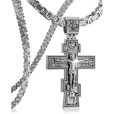 Imagem de ZENLUNANO Colar de cruz ortodoxa para homens e mulheres, prata antiga/prata/ouro/dourado prateado, joia cristã, apenas pingente/caixa redonda/corrente bizantina combinando, 20 Inch=51CM(Men's Average