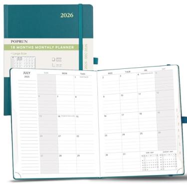 Imagem de POPRUN Agenda mensal 2025-2026 (B5 21,6 cm x 26,7 cm), calendário de 18 meses (25 de julho a 26 Dce) com abas mensais, capa dura, bolso interno, papel grosso de 100 g/m² - verde pacífico